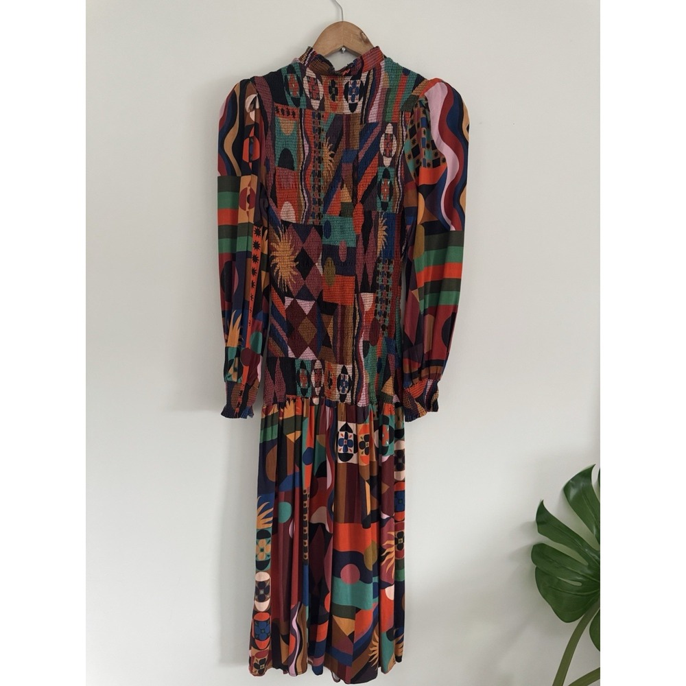Farm Rio Dress Womens Small Tropical Geo‎ Smocked Midi High Neck Puff Sleeve - Picture 4 of 10